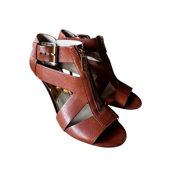 Michael by Michael Kors Womens 7.5M Anya Brown Leather Zipper Buckle Strap Heels - Picture 8 of 13